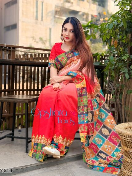 প্রিমিয়াম চাঁন্দেরি সিল্ক ডলার শাড়ি ও ব্লাউজ পিস (কোড-২) লাল