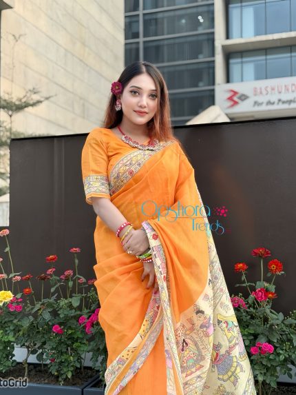 প্রিমিয়াম চাঁন্দেরি সিল্ক ডলার শাড়ি ও ব্লাউজ পিস (কোড-৩) বাসন্তী