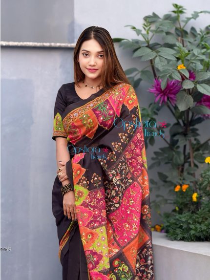 প্রিমিয়াম চাঁন্দেরি সিল্ক ডলার শাড়ি ও ব্লাউজ পিস (কোড-৫) ব্ল্যাক
