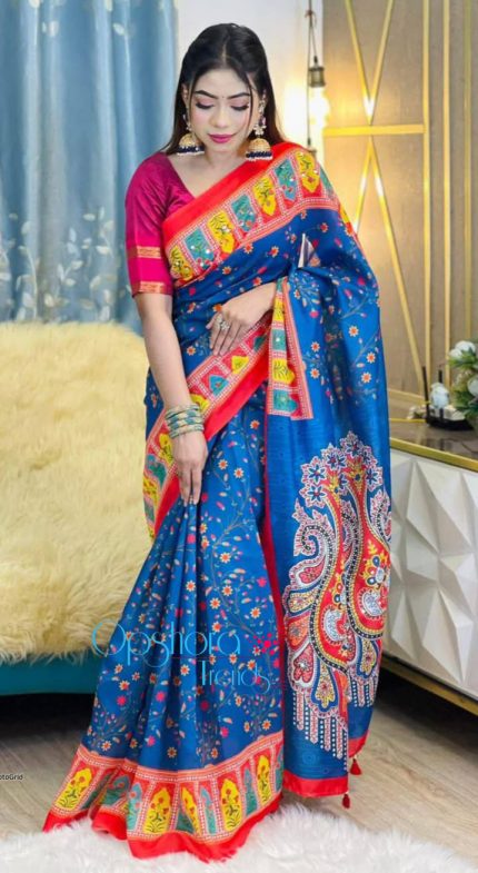 প্রিমিয়াম চাঁন্দেরি সিল্ক ডলার শাড়ি ও ব্লাউজ পিস (কোড-৬) নীল
