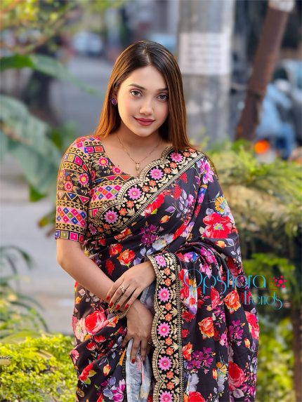 প্রিমিয়াম পার্টি শাড়ী ও ব্লাউজ পিস (পার্টি শাড়ী-১)কালো