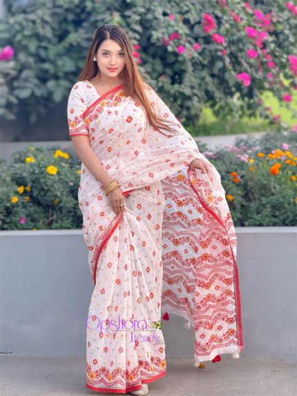 প্রিমিয়াম বুটিকস শাড়ি ও ব্লাউজ পিস (বুটিকস-৫)সাদা লাল